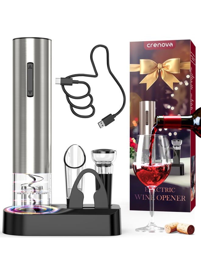 Crenova 4-in-1 Electronic Wine Opener, Rechargeable Automatic Corkscrew Wine Bottle Opener set with Wine Saver Pump, Wine Aerator and Wine Foil Cutter & USB Charging Cable, Elegant Black - Image 1