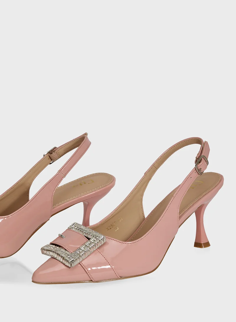 ELLA Sling Back Heeled Pump With Diamante Buckle