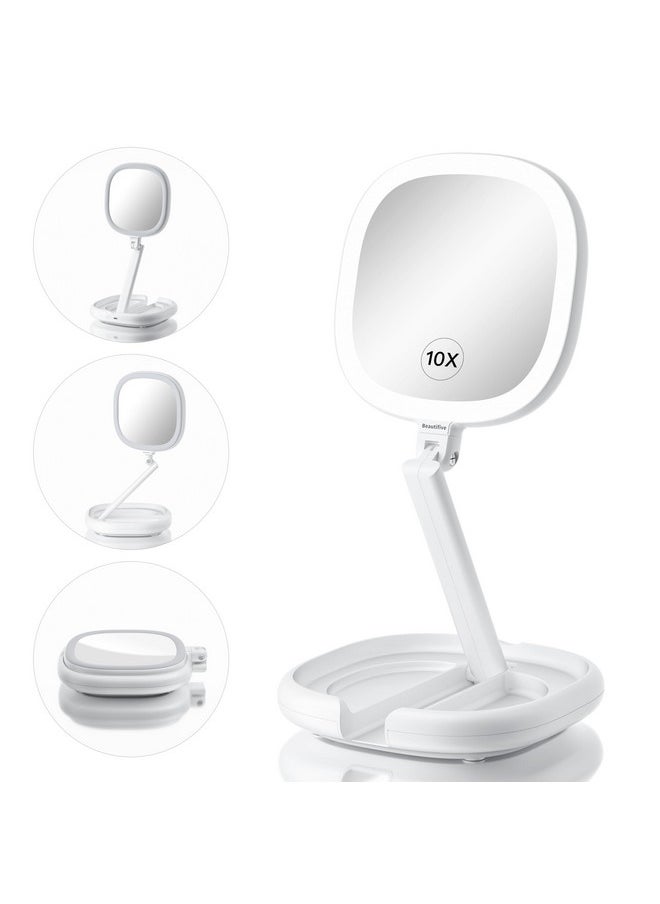 Beautifive - Beautifive Makeup Mirror with Light and Magnification, 10X/1X Light Up Makeup Mirror Travel Lighted Make Up Mirror with Adjustable Height Double Sides Folding Magnifying Mirror with Light - Image 1