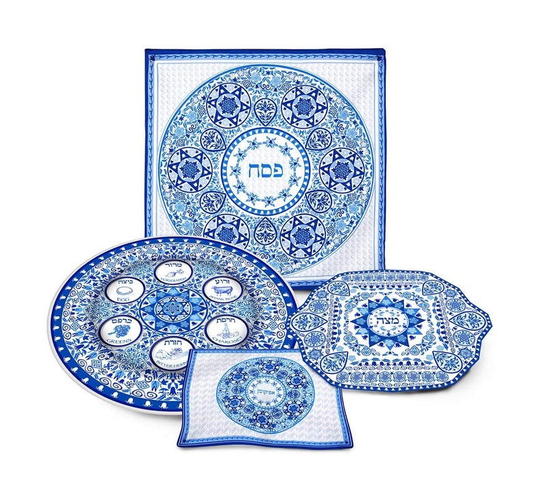 Aviv Judaica Prestigious Passover Seder Dinnerware Renaissance Set Includes Round Porcelain Seder Plate Square Matzo Tray Silk Matza Cover  Afikoman Bag Magnificent Passover Decoration Dishware