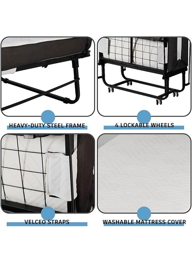 DXB GADGETS - Luxerest Folding Bed with Unique Memory Foam Mattress for Best Sleep Portable Rollaway Cot Size Guest Bed & Sturdy Steel Frame on Wheels with Headboard 75 x 31 Inch - Image 1