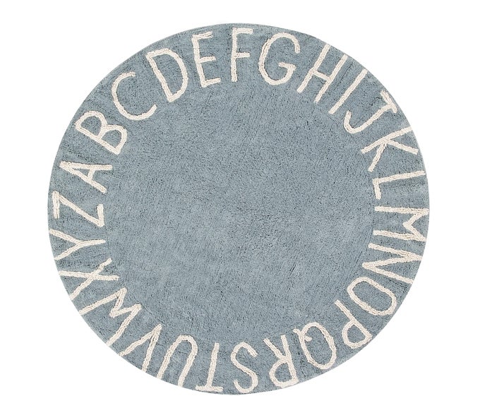 WASHABLE AREA RUG FOR KIDS ROOM COLLECTION ABC IN COLOR NATURAL AND VINTAGE BLUE HANDMADE BY ARTISANS IN ROUND SHAPE AND MADE IN NATURAL COTTON AND NONTOXIC DYES SIZE 5 X 5