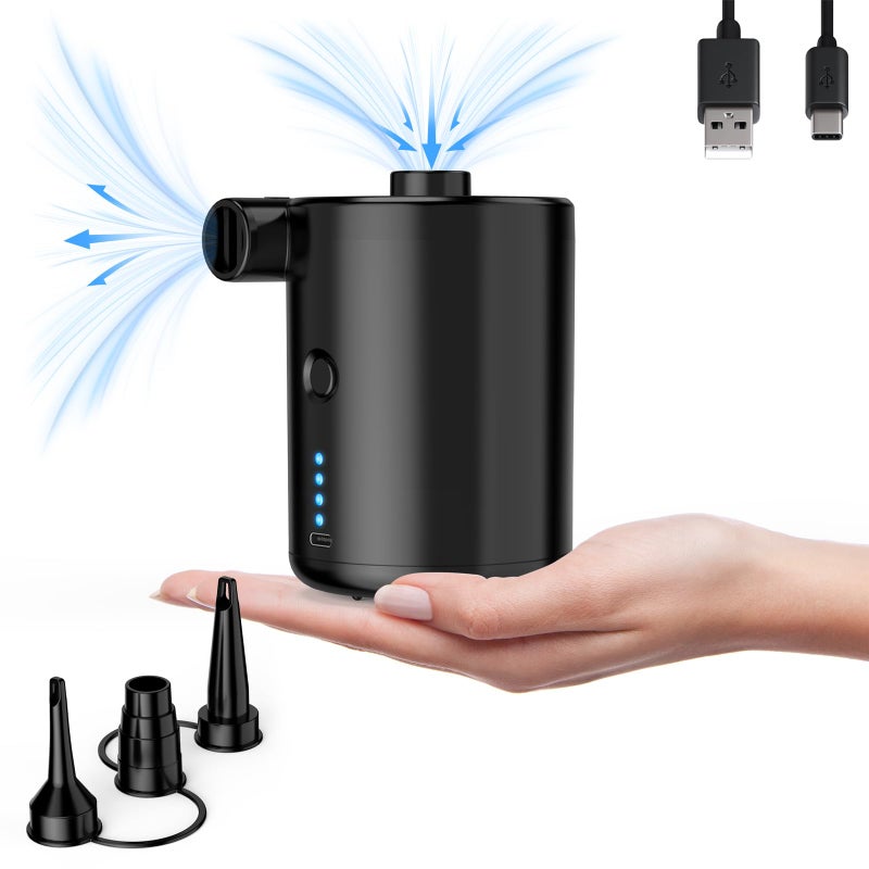 Techshare Air Pump for Inflatables, Rechargeable Air Pump, Air Mattress Pump, Efficient Inflation for Inflatables, Foot Pillow, Sleeping Pads, Perfect for Travel, Camping, Includes 3 Nozzles - Image 2