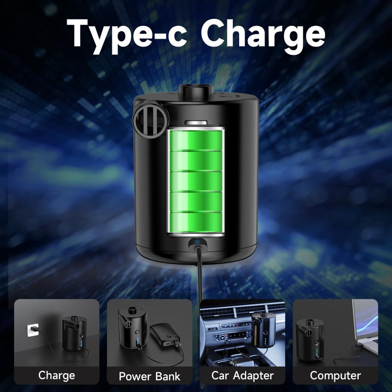 Techshare Air Pump for Inflatables, Rechargeable Air Pump, Air Mattress Pump, Efficient Inflation for Inflatables, Foot Pillow, Sleeping Pads, Perfect for Travel, Camping, Includes 3 Nozzles - Image 5