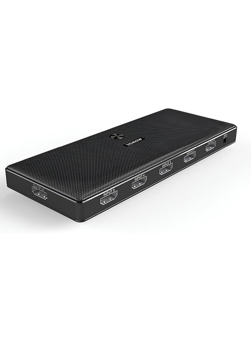 MOWSIL Mowsil HDMI Switch 5 in 1 Out, 4K@60Hz, HDMI 2.0, 18Gbps, HDR, HDCP 2.2, 3D, IR Remote, Supports 4K/60Hz, 1080P, DTS, Dolby, No External Power Required, 5 Port HDMI Switch - Image 1