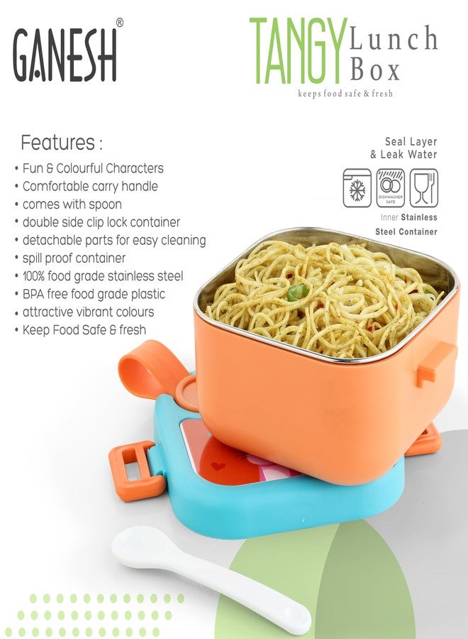 Ganesh Tangy Inner Steel Lunch Box with Multi Sticker for Kids with Spoons Heavy Plastic BPA Free Food Grade Perfect for School Kids,College,Outdoor & Picnic -Orange 1Pcs, 550 ml - Image 5