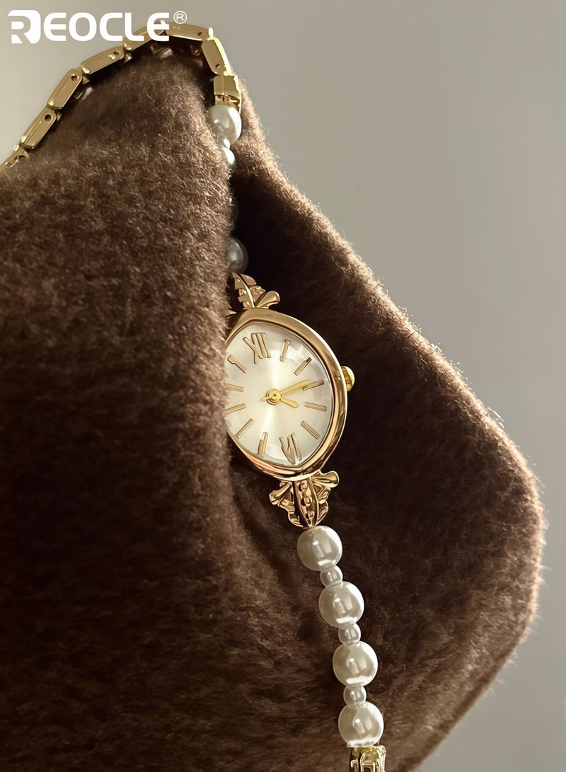 ريوكل ساعة سوار ذات طراز عتيق للسيدات صغيرة الحجم بحواف لؤلؤية، ساعة كواتز أنيقة ورقيقة للسيدات مع قرص تناظري بيضاوي للمناسبات غير الرسمية - Image 3