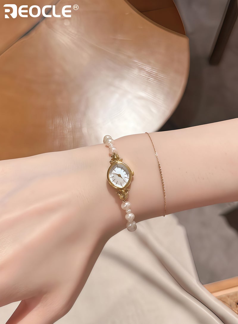 ريوكل ساعة سوار ذات طراز عتيق للسيدات صغيرة الحجم بحواف لؤلؤية، ساعة كواتز أنيقة ورقيقة للسيدات مع قرص تناظري بيضاوي للمناسبات غير الرسمية - Image 2