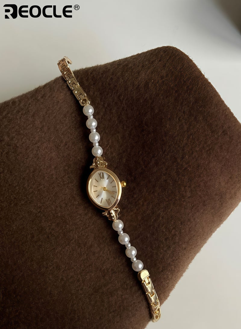 ريوكل ساعة سوار ذات طراز عتيق للسيدات صغيرة الحجم بحواف لؤلؤية، ساعة كواتز أنيقة ورقيقة للسيدات مع قرص تناظري بيضاوي للمناسبات غير الرسمية - Image 4