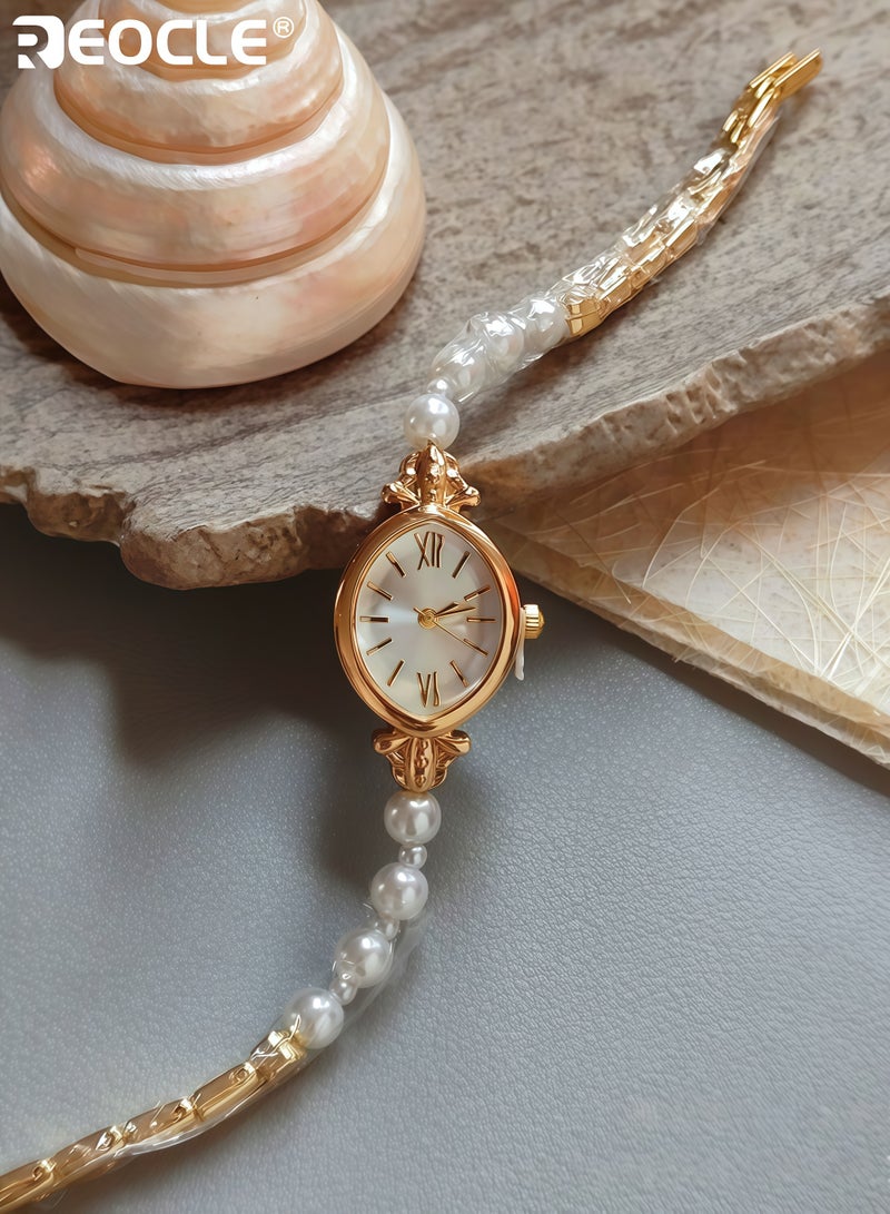 ريوكل ساعة سوار ذات طراز عتيق للسيدات صغيرة الحجم بحواف لؤلؤية، ساعة كواتز أنيقة ورقيقة للسيدات مع قرص تناظري بيضاوي للمناسبات غير الرسمية - Image 1