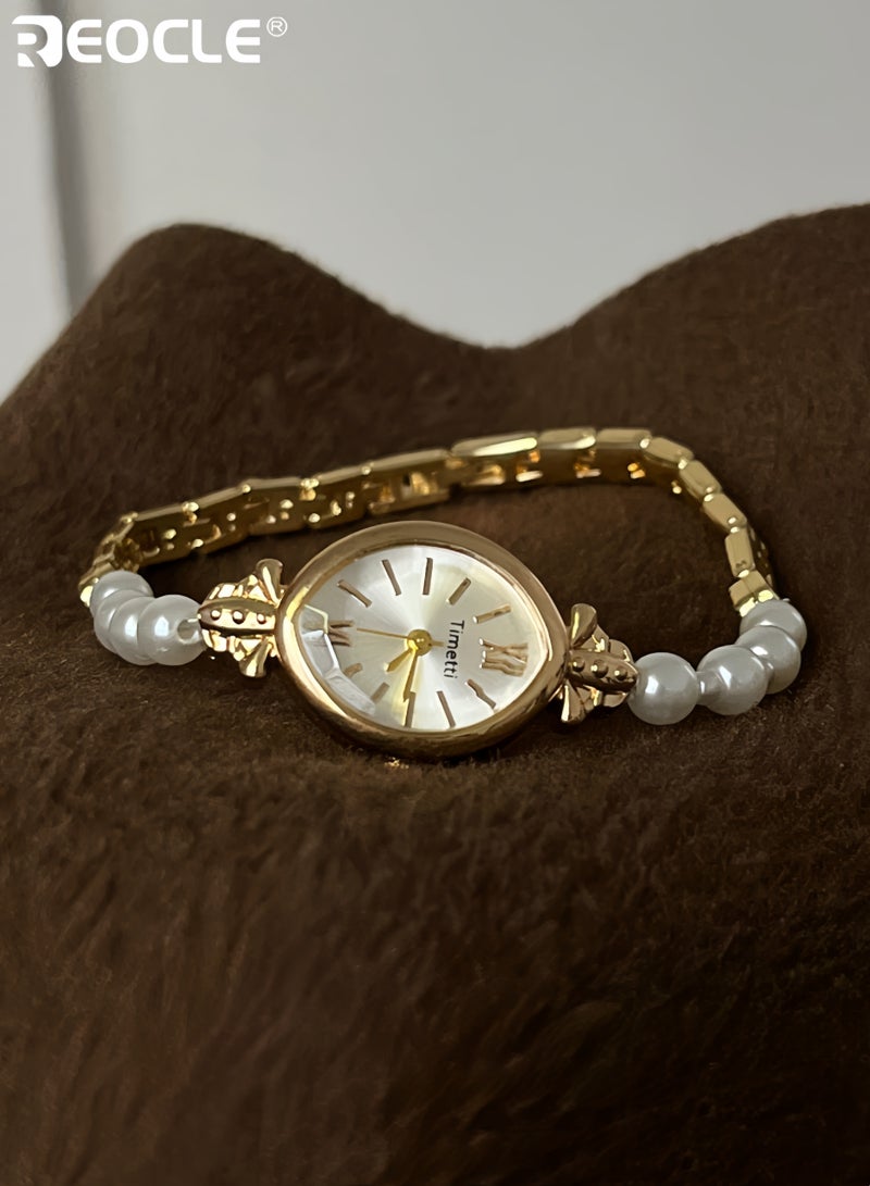 ريوكل ساعة سوار ذات طراز عتيق للسيدات صغيرة الحجم بحواف لؤلؤية، ساعة كواتز أنيقة ورقيقة للسيدات مع قرص تناظري بيضاوي للمناسبات غير الرسمية - Image 5