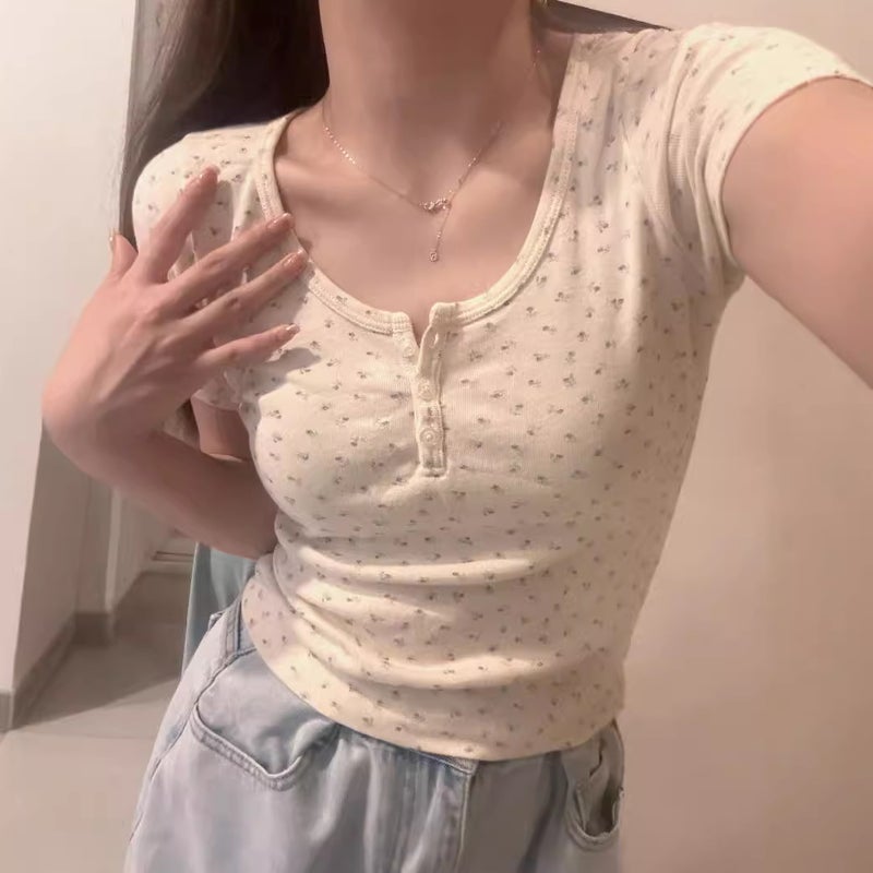 High-elastic Pit-striped Floral Short-sleeved Shoulder Short Top Women's Summer Slim-fit Design Sense Niche All-match T-shirt - Image 2