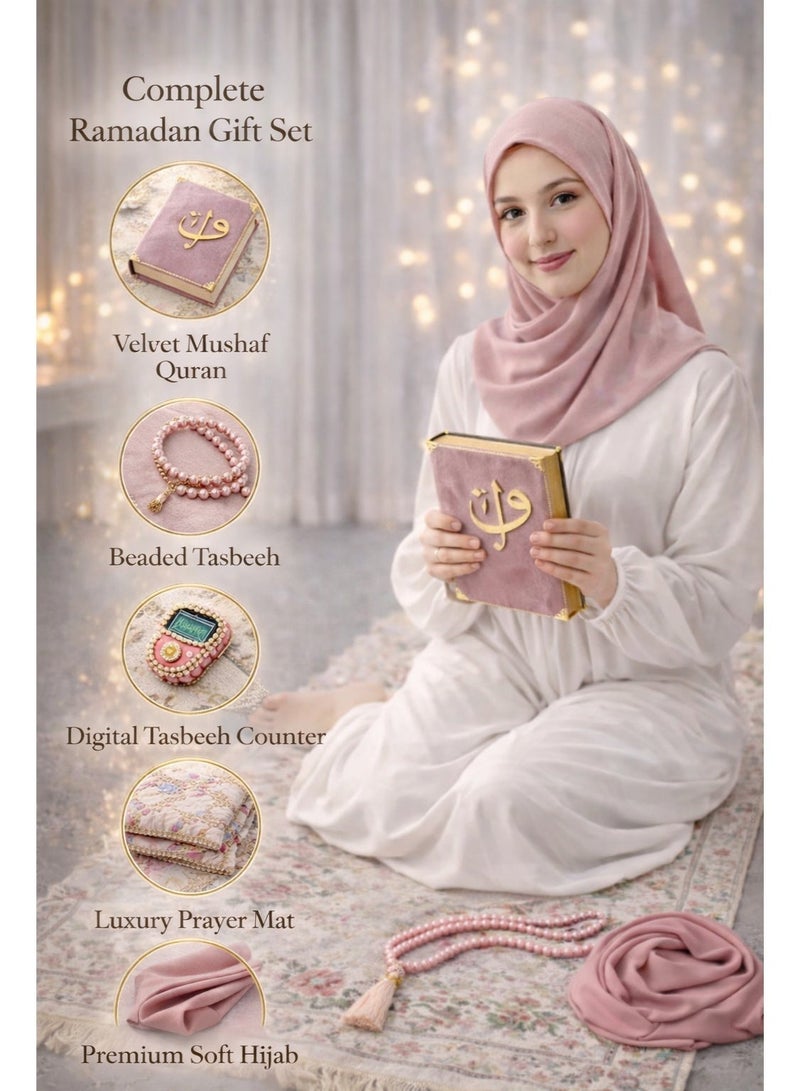 أولودينيز  5 قطع – طقم هدية إسلامية فاخر يضم مصحف المدينة بغلاف مخملي، سجادة صلاة، حجاب، ومسبحة تسبيح ضمن علبة فاخرة - Image 2