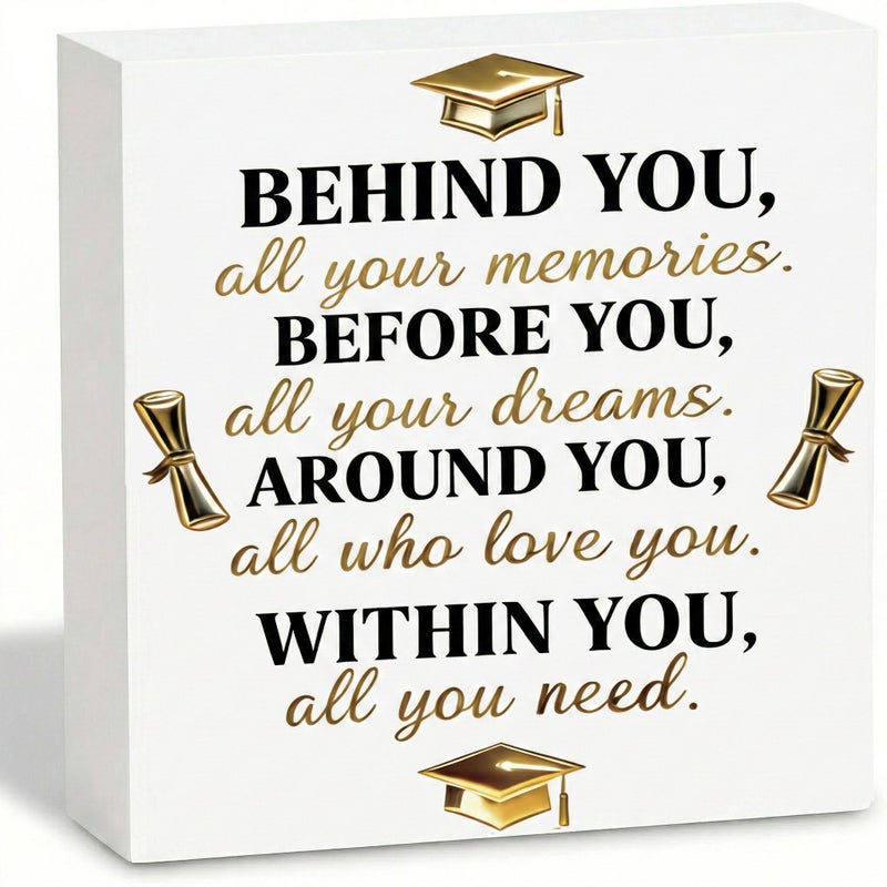 ChunRun Graduation Decorations 2026 College Graduation Gifts Her for Him Quote Wood Box Sign Decor Desk Sign Positive Behind You All Your Memories Wooden Box Block Sign Rustic Home Shelf Wall Decoration - Image 1