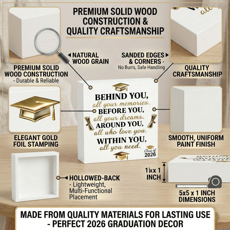 ChunRun Graduation Decorations 2026 College Graduation Gifts Her for Him Quote Wood Box Sign Decor Desk Sign Positive Behind You All Your Memories Wooden Box Block Sign Rustic Home Shelf Wall Decoration - Image 4
