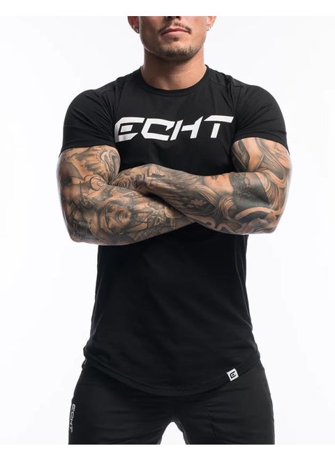 ECHT New Mens Sport Elastic Short Sleeve T-Shirt Slimming Effect Round Bottom For Fitness And Running Outside Direct Supply Black and white printing