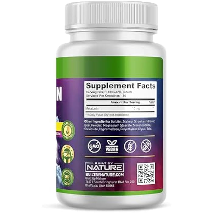 Built by Nature Melatonin 10 mg – Melatonin Sleep Gummies Alternative for Adults - Extra Strength Drug Free Sleeping Support – Strawberry Flavor Sleep Aid, Naturally Flavored – 360 Chewable Tablets - Image 5