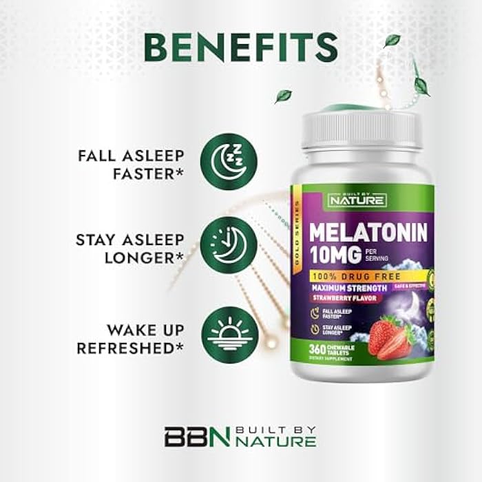 Built by Nature Melatonin 10 mg – Melatonin Sleep Gummies Alternative for Adults - Extra Strength Drug Free Sleeping Support – Strawberry Flavor Sleep Aid, Naturally Flavored – 360 Chewable Tablets - Image 2