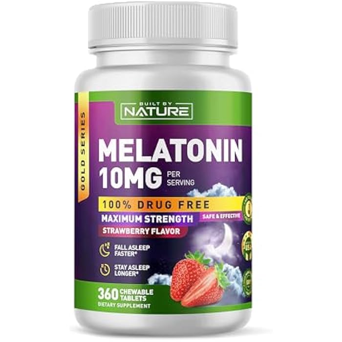 Built by Nature Melatonin 10 mg – Melatonin Sleep Gummies Alternative for Adults - Extra Strength Drug Free Sleeping Support – Strawberry Flavor Sleep Aid, Naturally Flavored – 360 Chewable Tablets - Image 1
