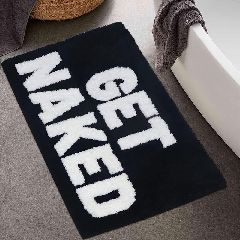 BOVEU سجادة حمام سوداء "Get Naked" - سجاد حمام أسود غير قابل للانزلاق وماص وقابل للغسل من الألياف الدقيقة لأرضية الحمام والدش، 17 × 24 بوصة - Image 1