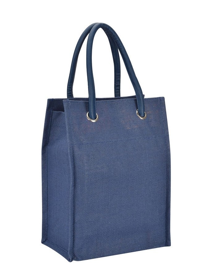 Jute Cottage Jute Tiffin Bags for Lunch Shopping for Men and Women Jute Tiffin Bags Printed Handbag Carry Bag - Bright Blue (Bright Blue) - Image 1