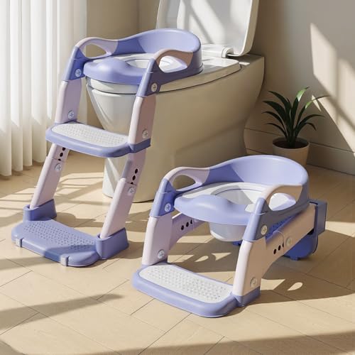 Wanchouse 3in1 Potty Training Seat Training Toilet Potty Chair Height AdjustableToddler Toilet Seat for Kids Foldable Potty Training Toilet with Splash Guard AntiSlip Steps Purple - Image 1