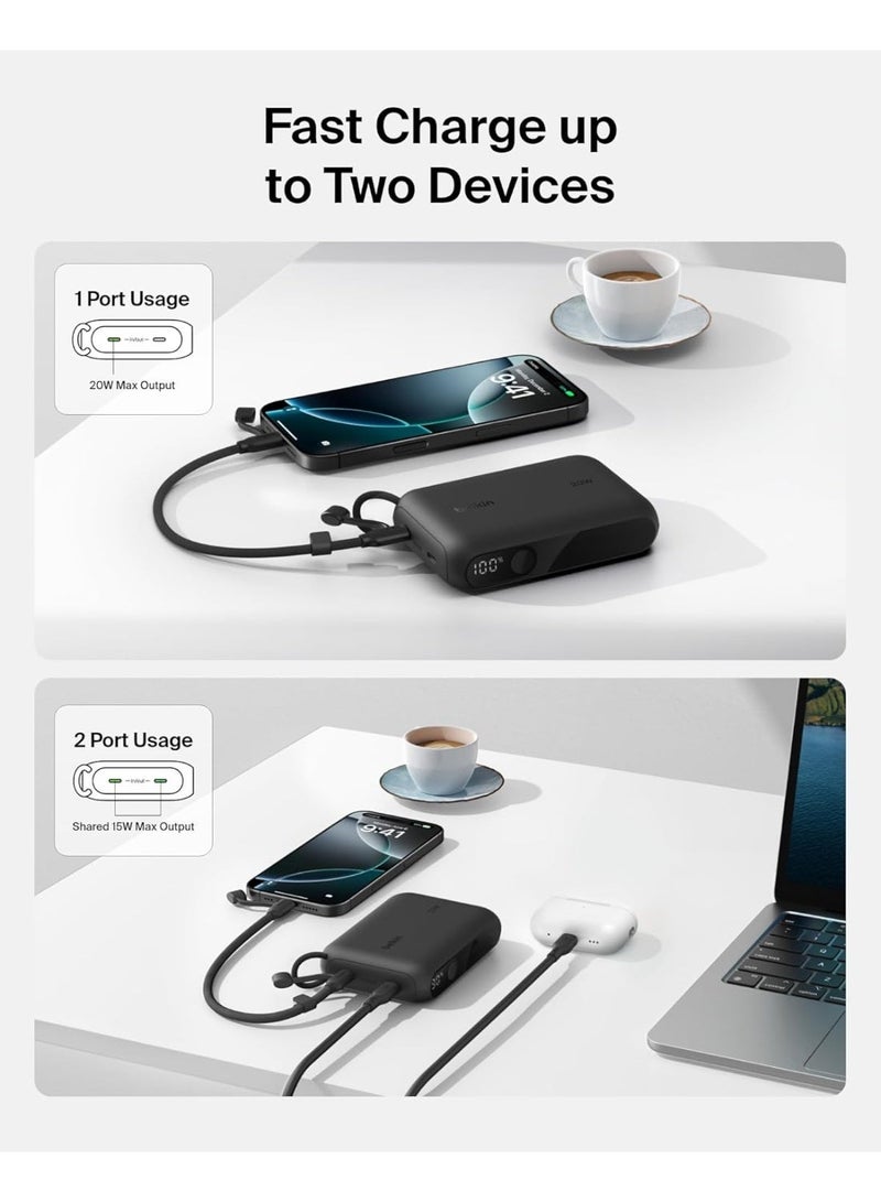 Belkin Portable Charger, Slim USB-C Power Bank 10,000mAh w/ 2 USB-C Ports, Digital Battery Display, 20W Charging for iPhone 16, 15, Plus, Pro, Pro Max, Samsung Galaxy S25, S24, Pixel 9, iPad, & More black - Image 2