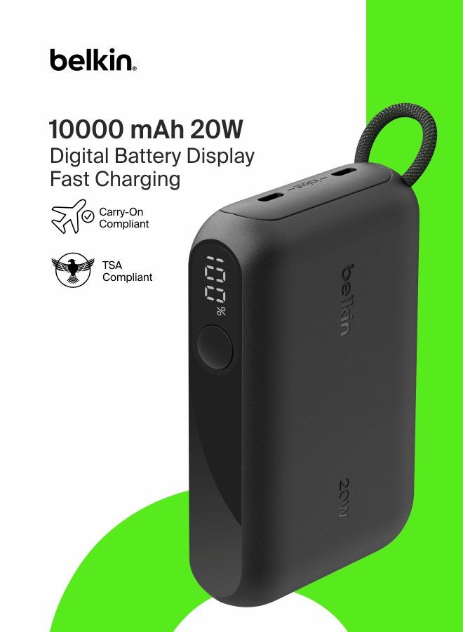 belkin Portable Charger, Slim USB-C Power Bank 10,000mAh with 2 USB-C Ports, Digital Battery Display, 20W Charging for iPhone 16, 15, Plus, Pro, Pro Max, Samsung Galaxy S25, S24, Pixel 9, iPad, & More black - Image 1