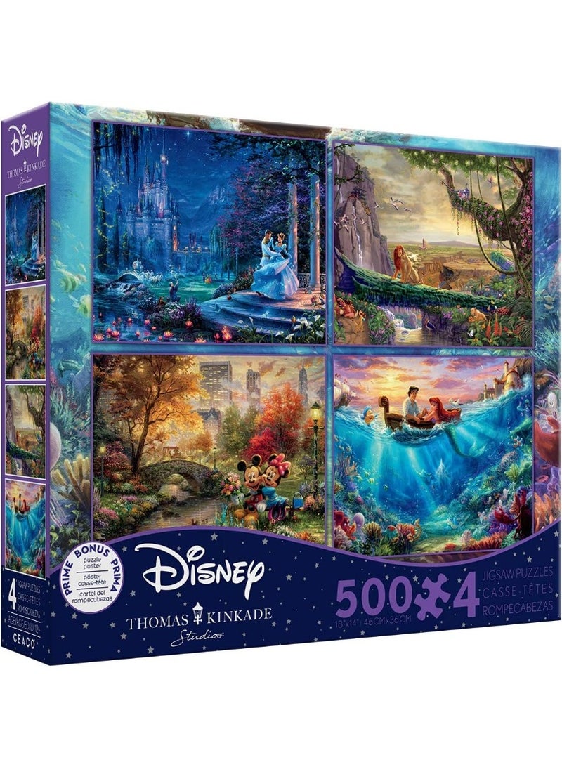 Ceaco سيكو - مجموعة 4 في 1 - توماس كينكيد - مجموعة أحلام ديزني - سندريلا، ملك الأسد، ميكي وميني، وذا ليتل ميرميد - (4) 500 قطعة ألغاز متشابكة، زرقاء - Image 1