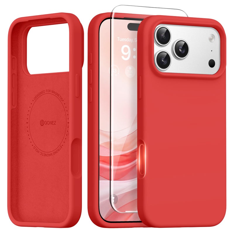 GONEZ Magnetic for iPhone 17 Pro Case Compatible with MagSafe AntiScratch Microfiber Lining Screen Protector Silicone Camera Control Shockproof Slim Phone Cover 63 inch Red - Image 3