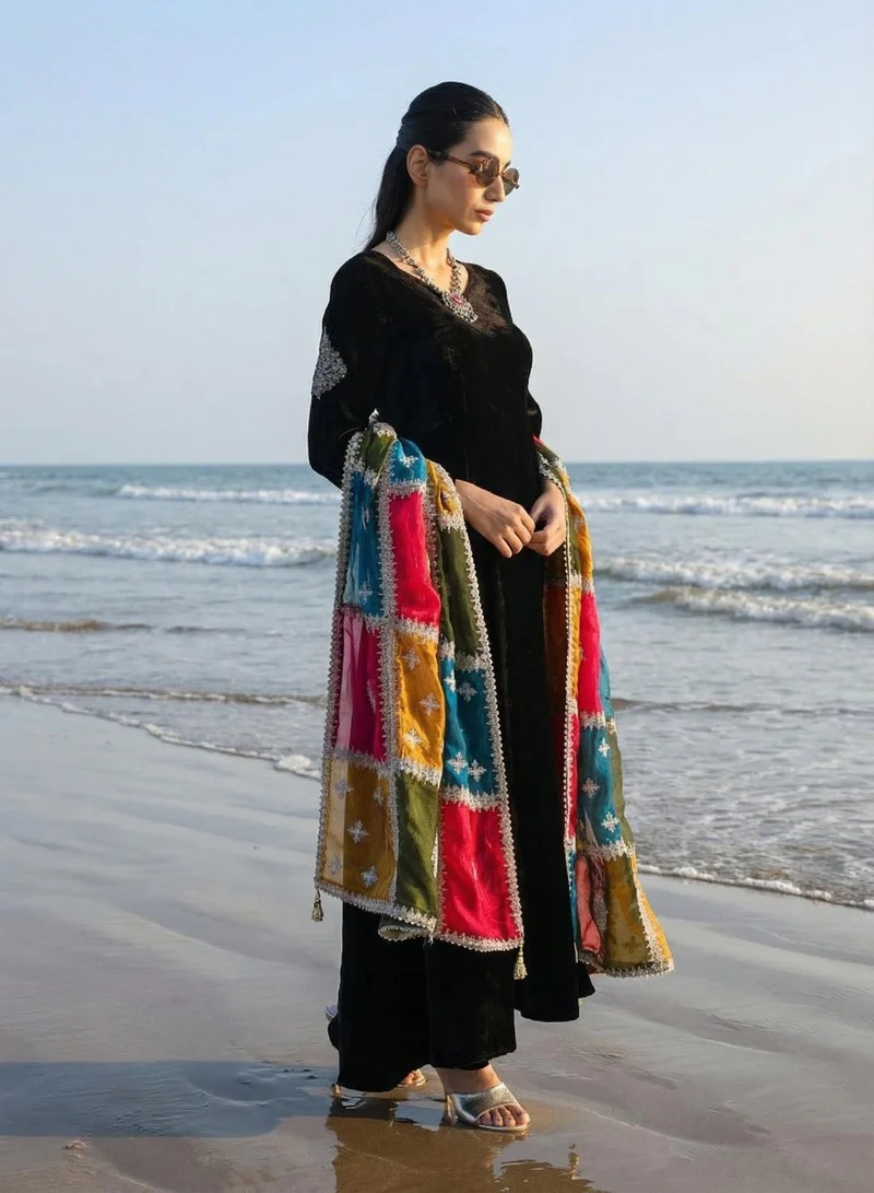 ISHIN black Rich Black Organza Patchwork Embroidered Anarkali Kurta Set for Women | Best Price UAE
