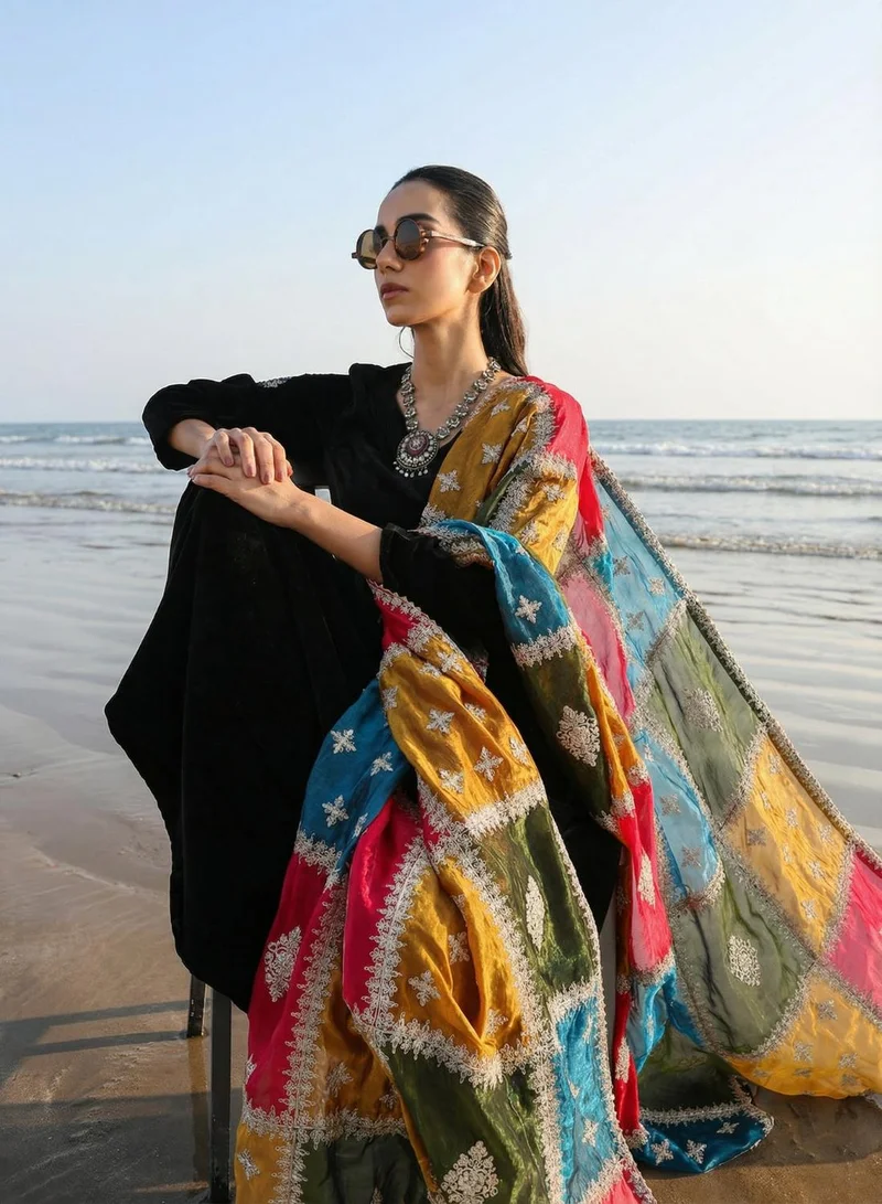 ISHIN Rich Black Organza Patchwork Embroidered Anarkali Kurta Set