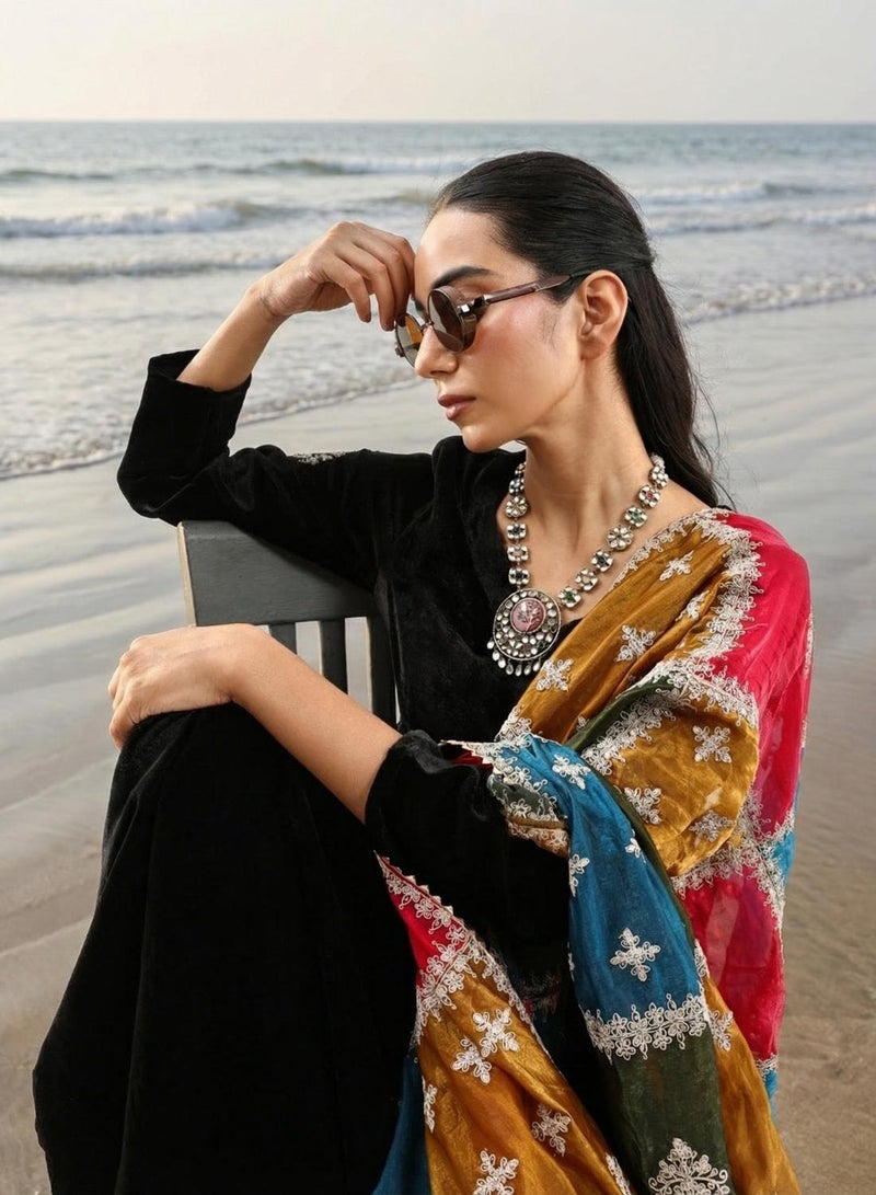 ISHIN Rich Black Organza Patchwork Embroidered Anarkali Kurta Set - Image 3