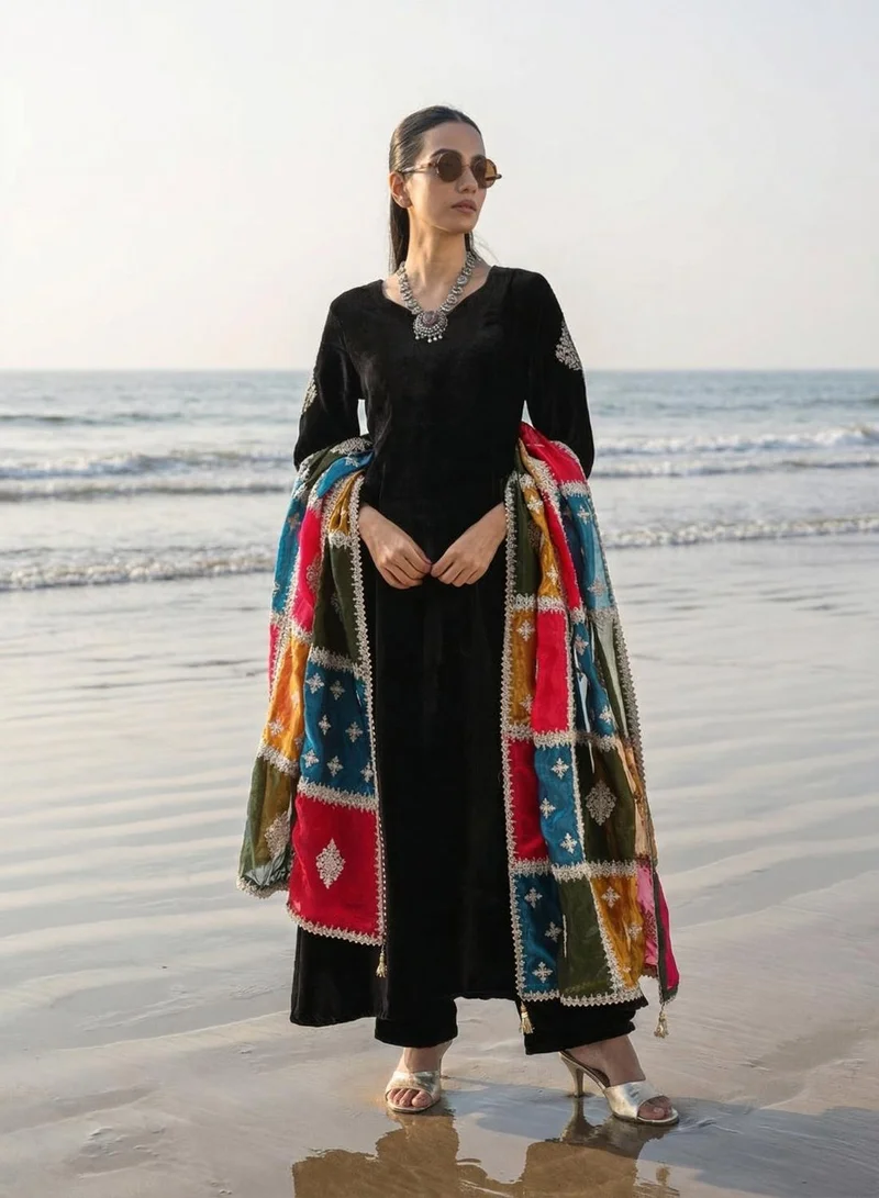 ISHIN black Rich Black Organza Patchwork Embroidered Anarkali Kurta Set for Women | Best Price UAE