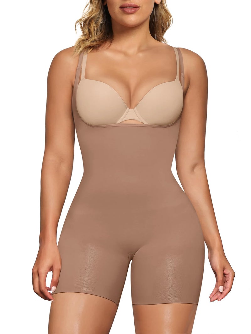 SHAPERX Open Bust Shapewear Tummy Control Bodysuits for Women Seamless Compression High Waisted Body Shaper, SZ5258-Sienna-S/M - Image 3