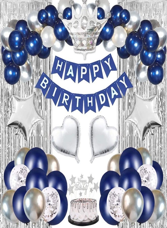 1iAM Birthday Decoration Items - 44 Pcs with silver curtain | Blue and silver Balloons | Silver Background Decoration Items| Decoration Items for Birthday Party - Image 1