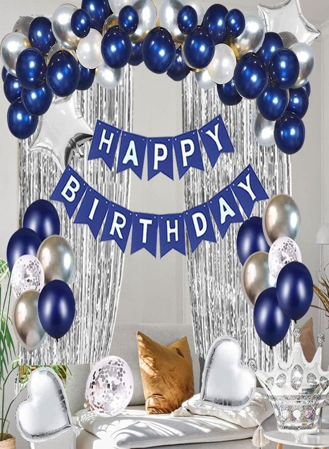 1iAM Birthday Decoration Items - 44 Pcs with silver curtain | Blue and silver Balloons | Silver Background Decoration Items| Decoration Items for Birthday Party - Image 4