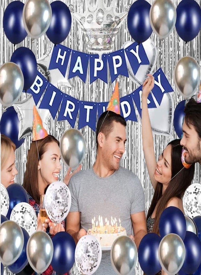1iAM Birthday Decoration Items - 44 Pcs with silver curtain | Blue and silver Balloons | Silver Background Decoration Items| Decoration Items for Birthday Party - Image 5