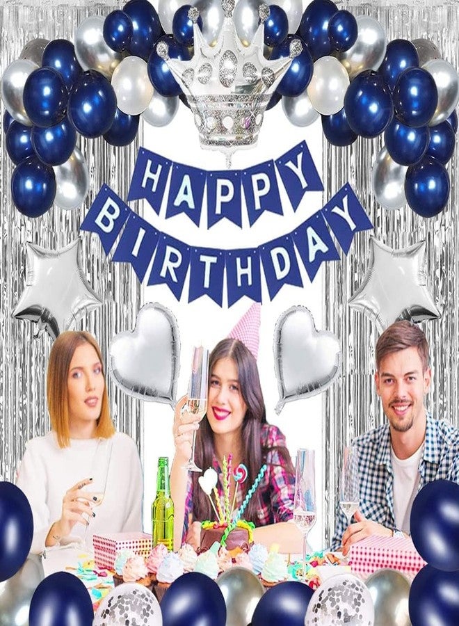 1iAM Birthday Decoration Items - 44 Pcs with silver curtain | Blue and silver Balloons | Silver Background Decoration Items| Decoration Items for Birthday Party - Image 3