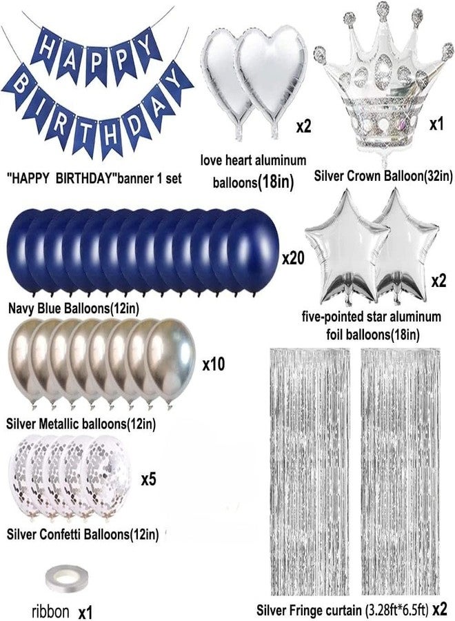 1iAM Birthday Decoration Items - 44 Pcs with silver curtain | Blue and silver Balloons | Silver Background Decoration Items| Decoration Items for Birthday Party - Image 2