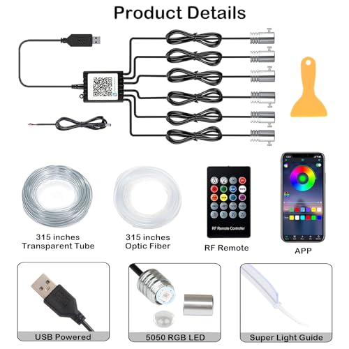 DEHERANE Interior Car LED Strip Lights, RGB 6 in 1 Ambient Lighting Kits with 315 inches Fiber Optic, 16 Million Colors Car Interior Lights with Wireless APP and Remote Control, Sync to Music - Image 4