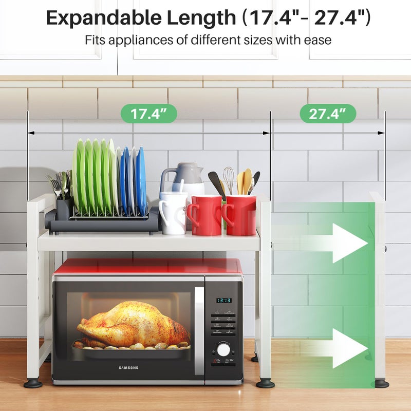 Kitstorack Microwave Stand, 2-Tier Expandable(17.4"-27.4") Microwave Oven Rack, Heavy Duty Adjustable Shelf with 9 hooks, Kitchen Organizer Storage Shelves for Pantry, Countertop, Coffee Bar, Office, Dorm, White - Image 3
