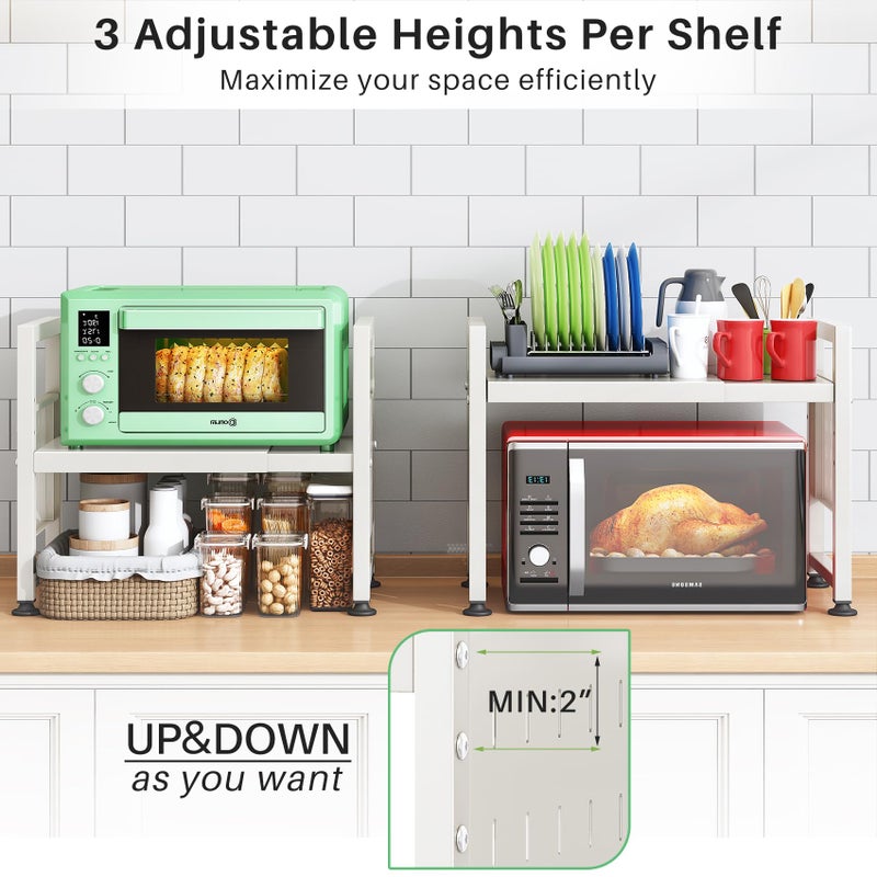 Kitstorack Microwave Stand, 2-Tier Expandable(17.4"-27.4") Microwave Oven Rack, Heavy Duty Adjustable Shelf with 9 hooks, Kitchen Organizer Storage Shelves for Pantry, Countertop, Coffee Bar, Office, Dorm, White - Image 4