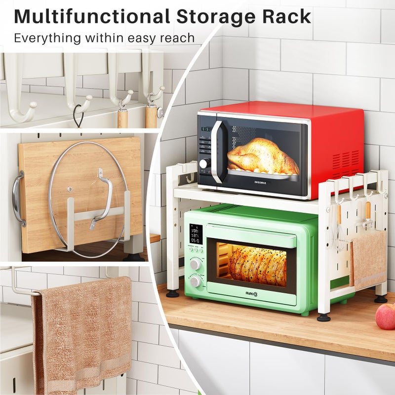 Kitstorack Microwave Stand, 2-Tier Expandable(17.4"-27.4") Microwave Oven Rack, Heavy Duty Adjustable Shelf with 9 hooks, Kitchen Organizer Storage Shelves for Pantry, Countertop, Coffee Bar, Office, Dorm, White - Image 2