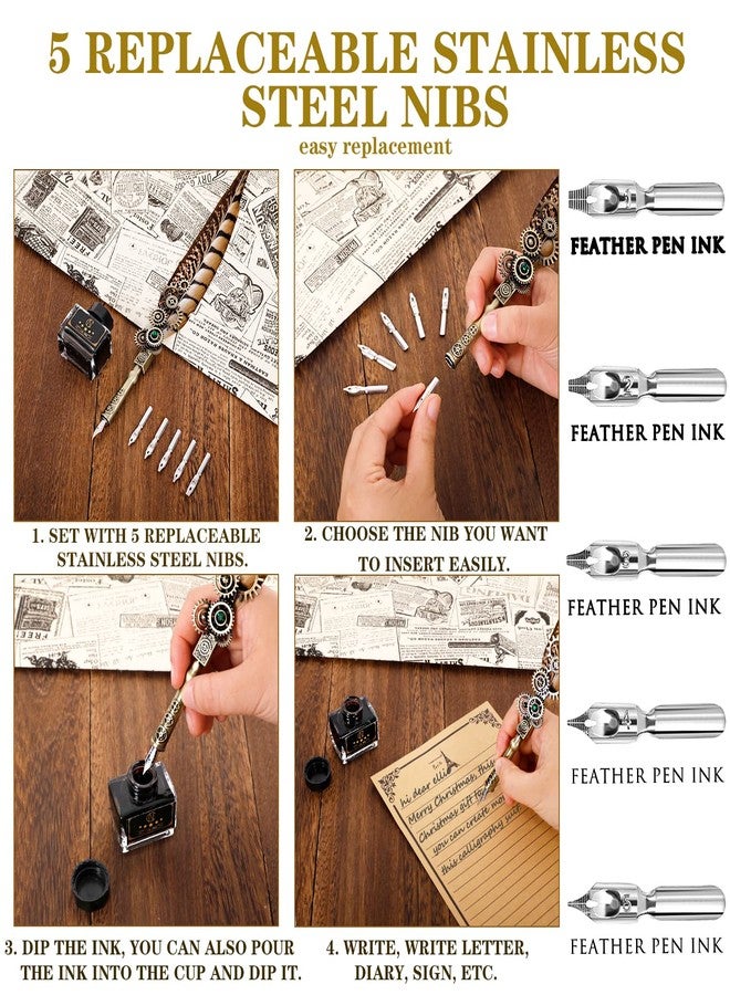 N.C NC Feather Pen Ink Set, Includes Quill Pen, Notebook, 5 Replaceable Nibs, Stamp, Spoon, Wax Beads, White Wax, Ink, Pen Holder, Cup, Envelope, Letter Paper - Image 4