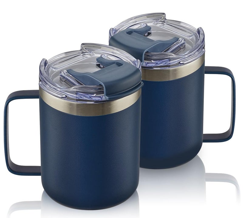 ALOUFEA 12oz Stainless Steel Insulated Coffee Mug with Handle Double Wall Vacuum Tumbler Cup with Fliping Lid Navy 2 Pack