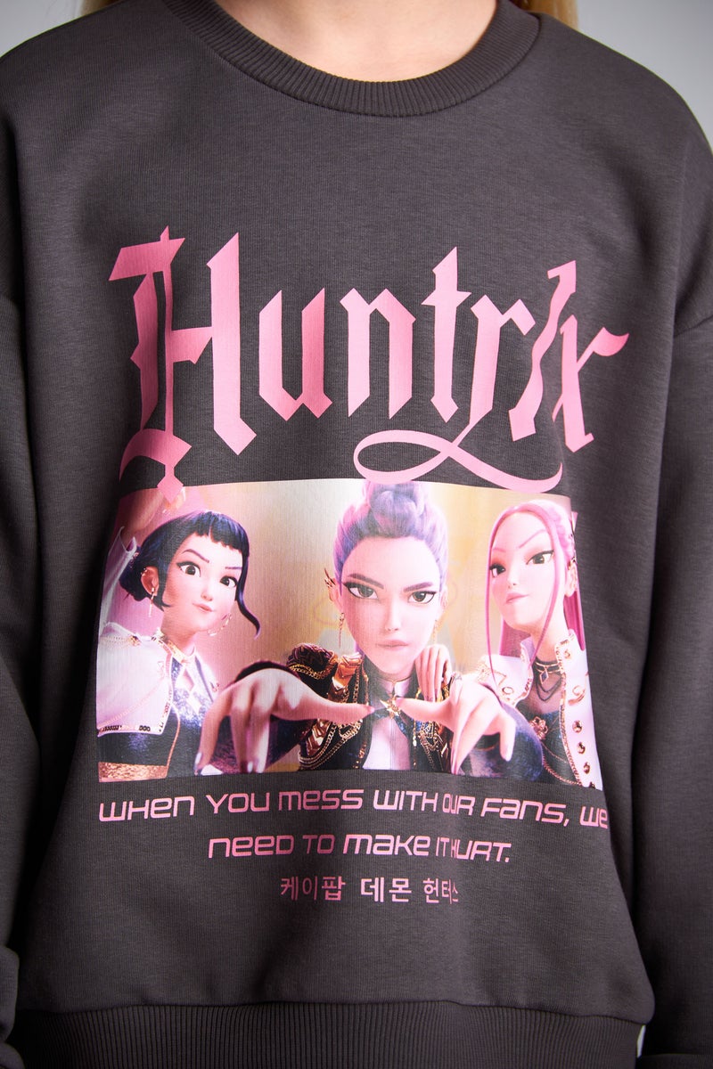 DeFacto Grey Girl Girl Relaxed Fit Kpop Demon Hunters Crew Neck Sweatshirt Casual - Image 5