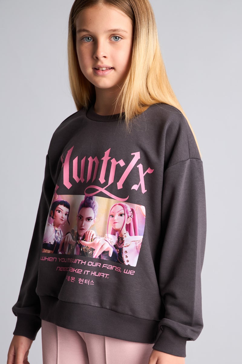 DeFacto Grey Girl Girl Relaxed Fit Kpop Demon Hunters Crew Neck Sweatshirt Casual - Image 1