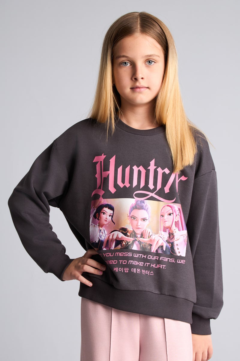 DeFacto Grey Girl Girl Relaxed Fit Kpop Demon Hunters Crew Neck Sweatshirt Casual - Image 3