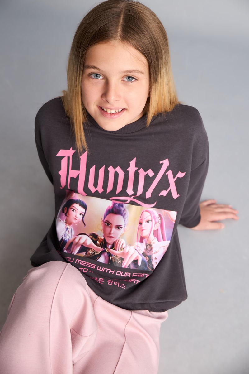 DeFacto Grey Girl Girl Relaxed Fit Kpop Demon Hunters Crew Neck Sweatshirt Casual - Image 4